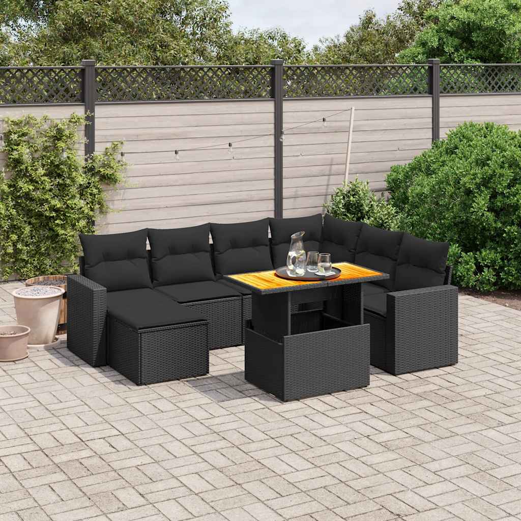 8-delige Loungeset met kussens poly rattan zwart – afbeelding 1