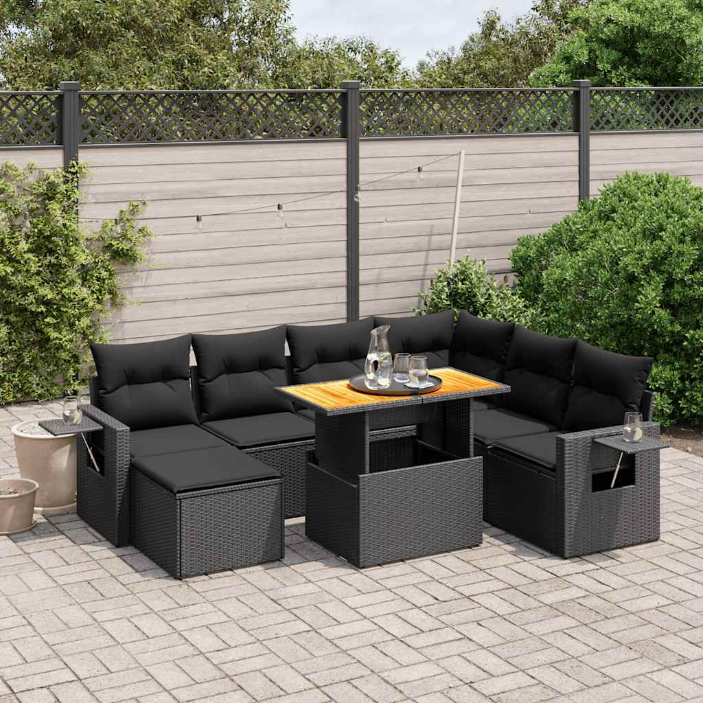 8-delige Loungeset met kussens poly rattan zwart – afbeelding 1