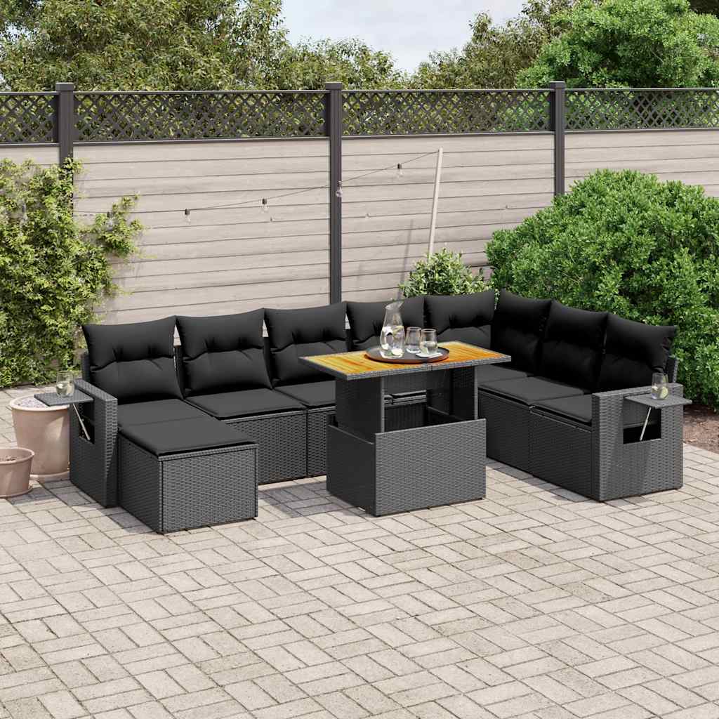 9-delige Loungeset met kussens poly rattan zwart – afbeelding 1