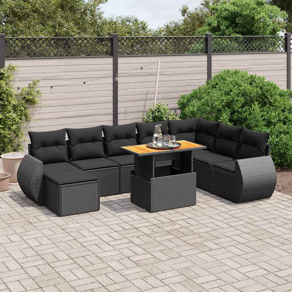 9-delige Loungeset met kussens poly rattan zwart – afbeelding 1