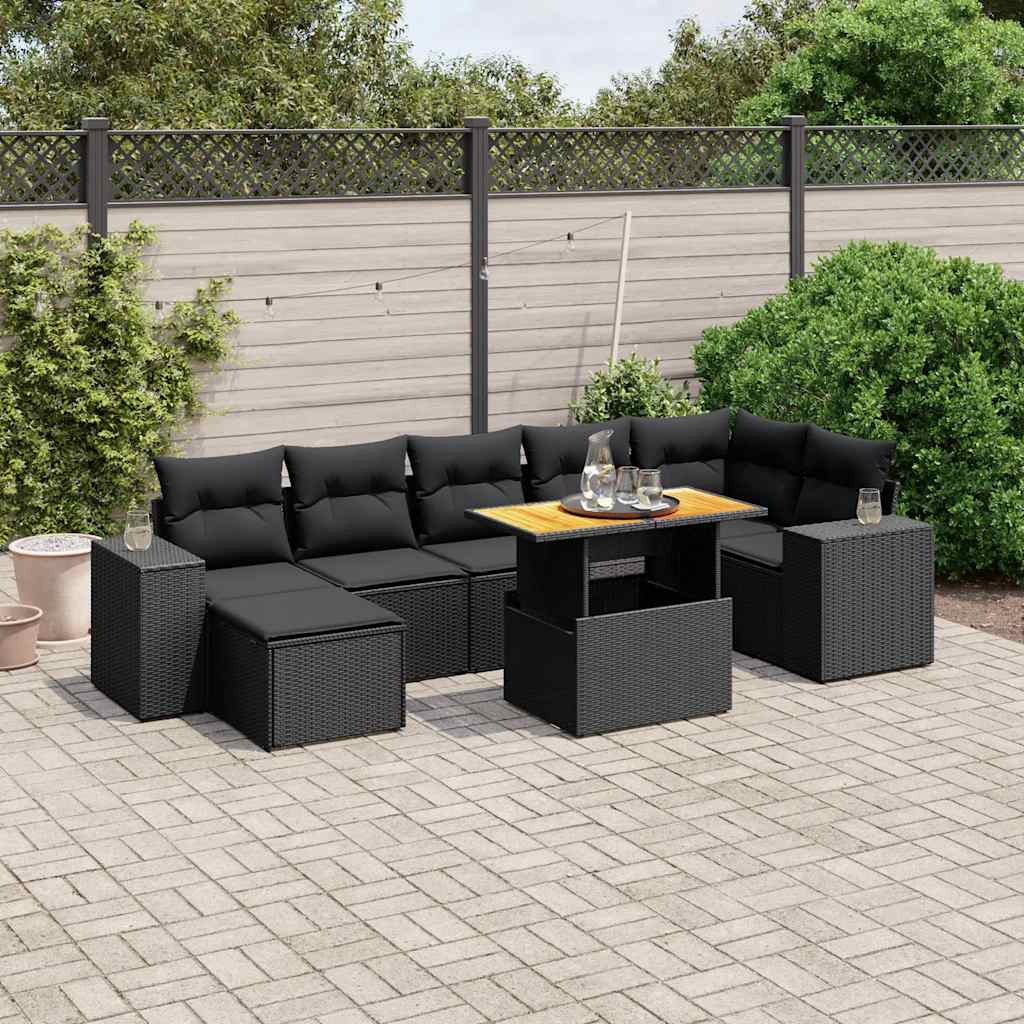 8-delige Loungeset met kussens poly rattan zwart – afbeelding 1