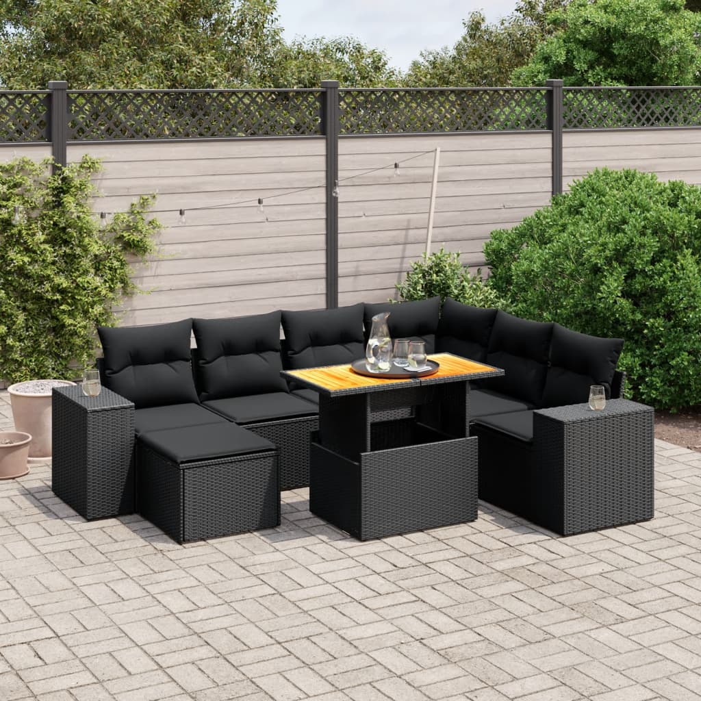 8-delige Loungeset met kussens poly rattan zwart – afbeelding 1