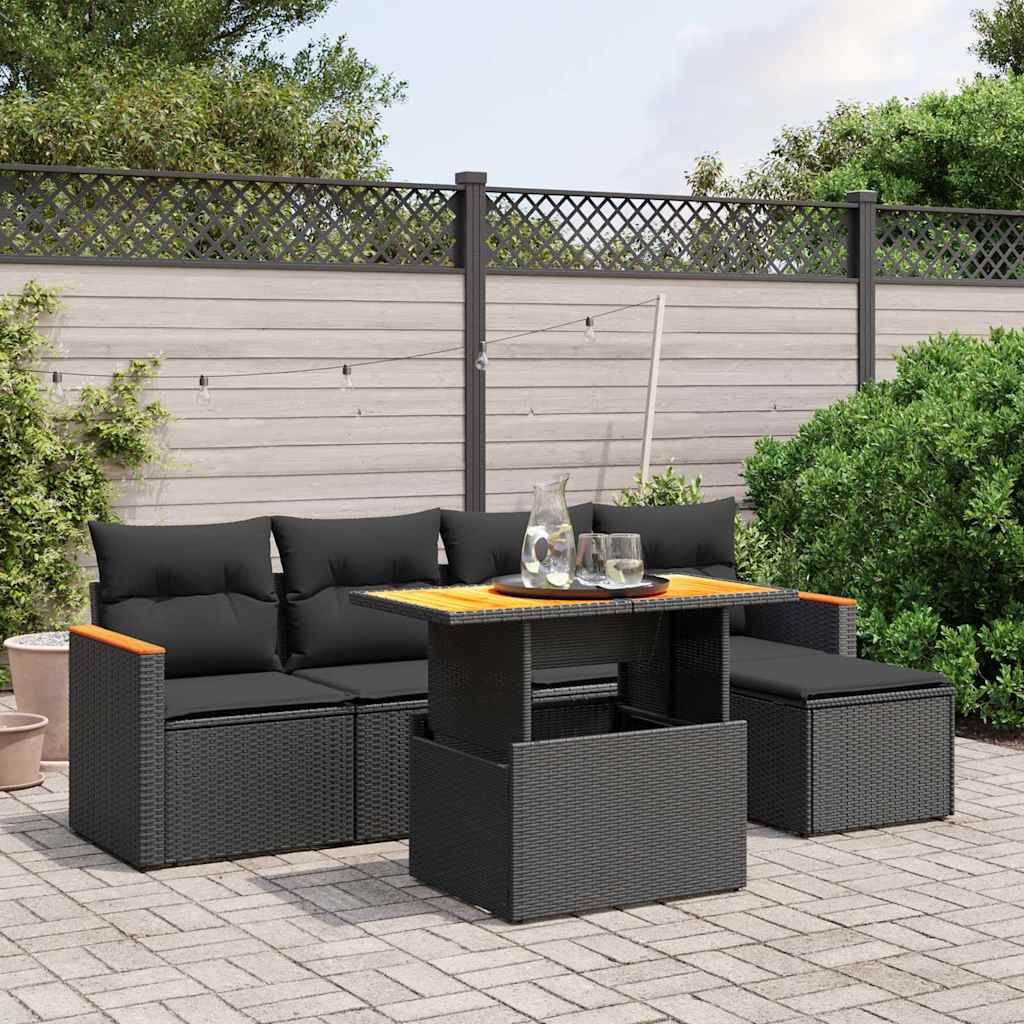 6-delige Loungeset met kussens poly rattan zwart