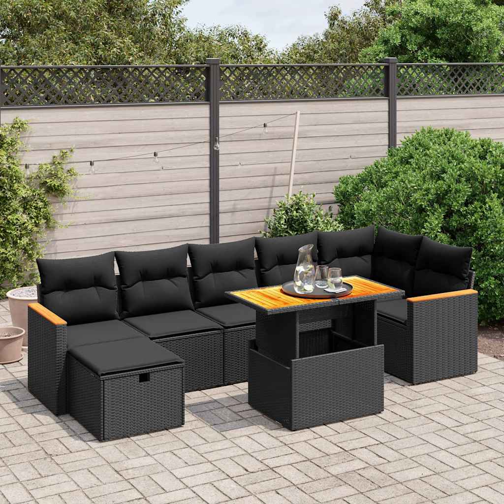 8-delige Loungeset met kussens poly rattan zwart – afbeelding 1
