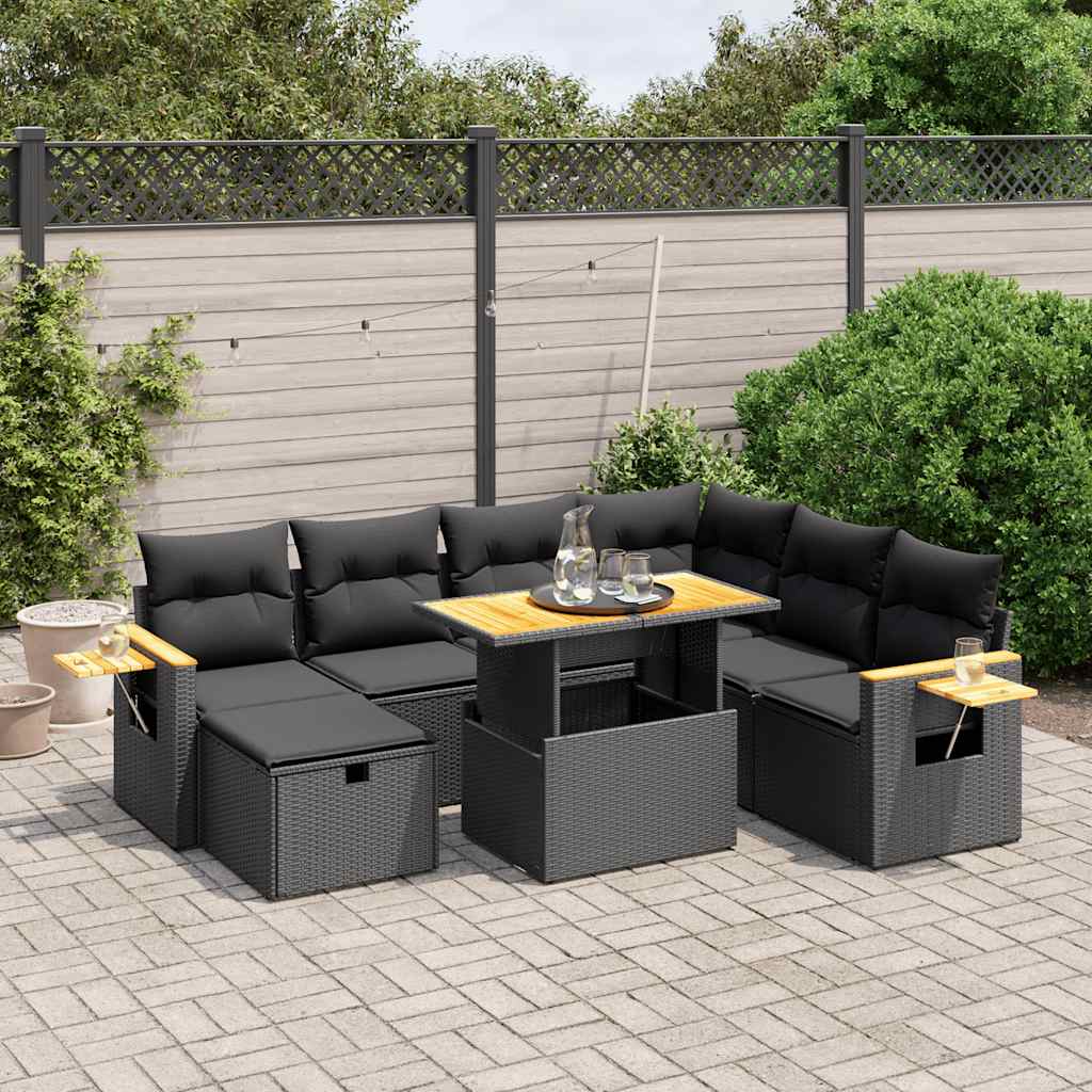8-delige Loungeset met kussens poly rattan zwart – afbeelding 1