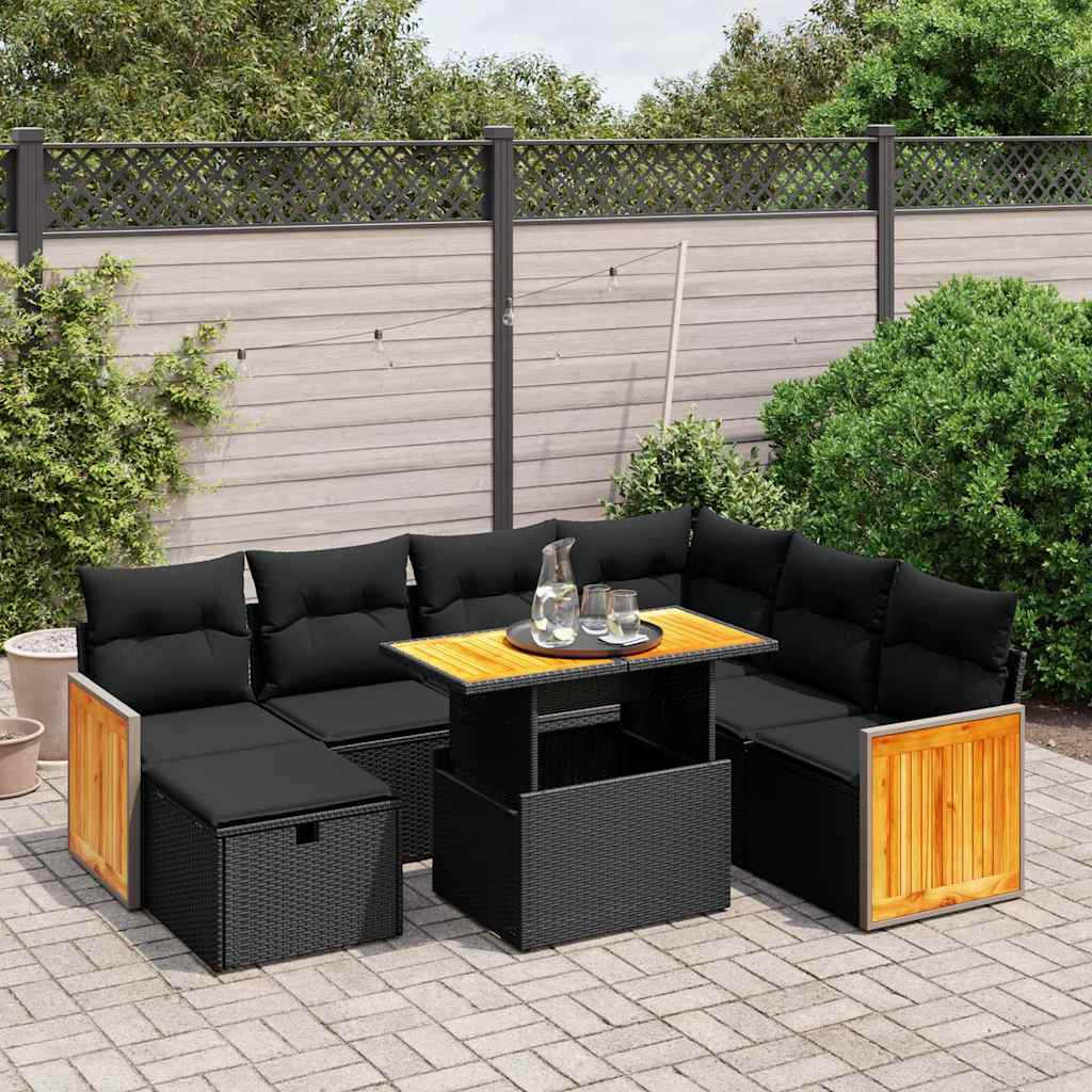 8-delige Loungeset met kussens poly rattan zwart – afbeelding 1