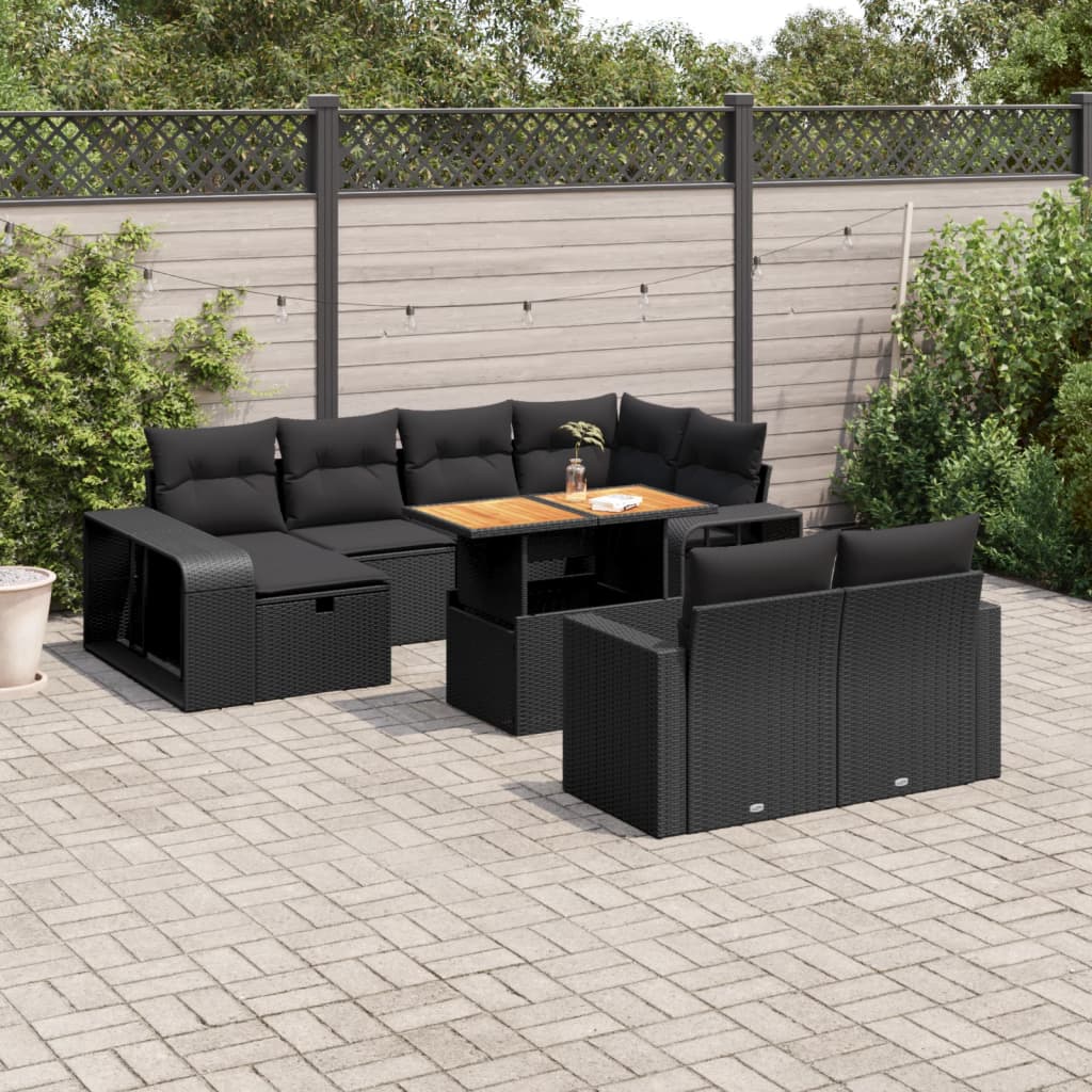 11-delige Loungeset met kussens poly rattan zwart – afbeelding 1