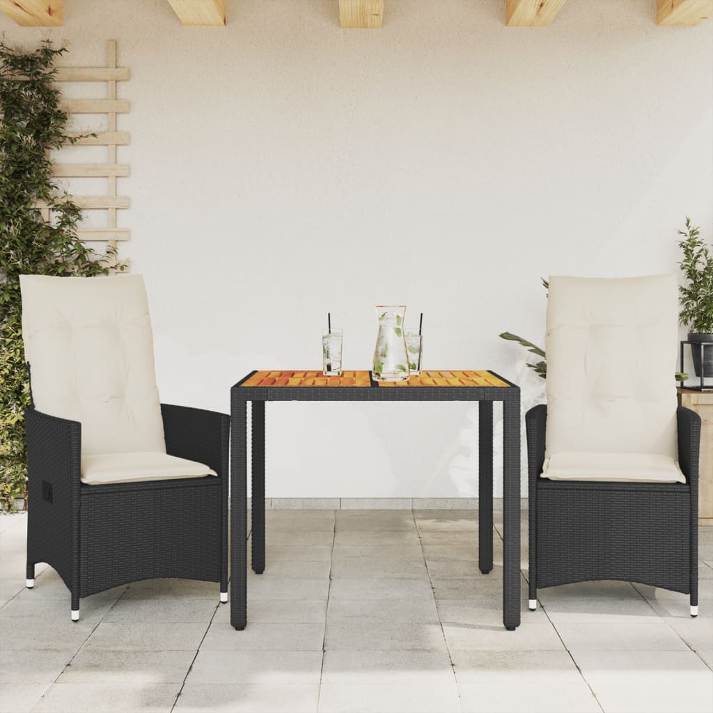 3-delige Bistroset met kussens poly rattan en acaciahout zwart – afbeelding 1
