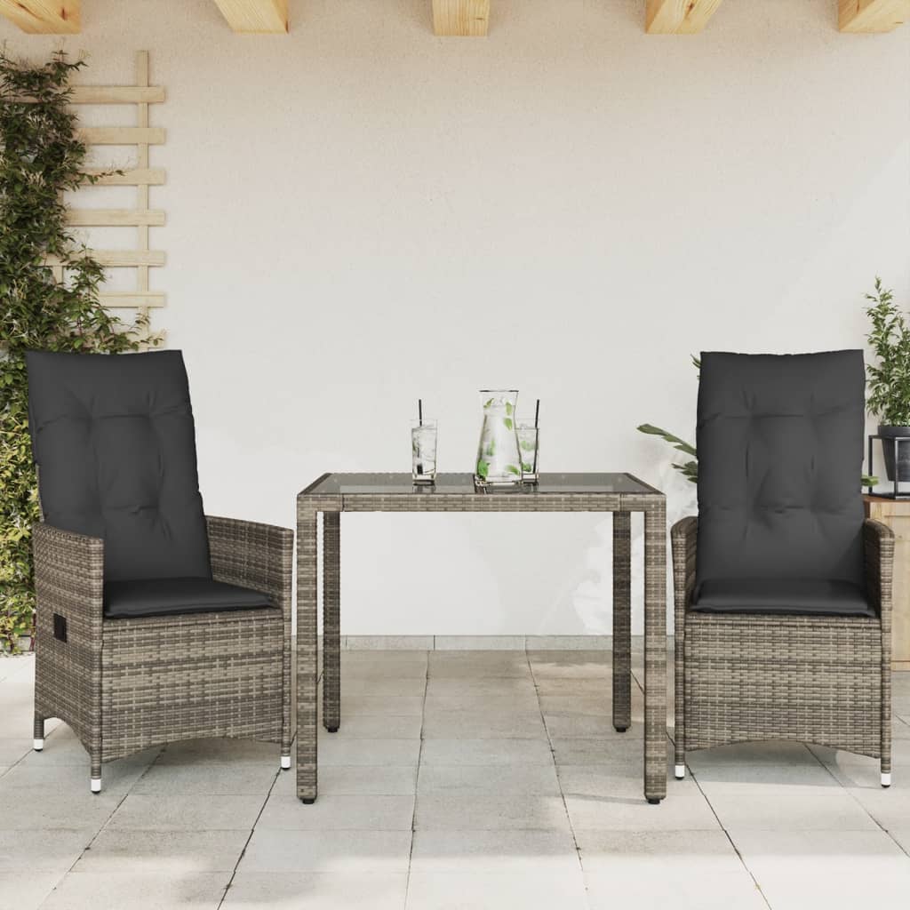 3-delige Bistroset met kussens poly rattan grijs – afbeelding 1