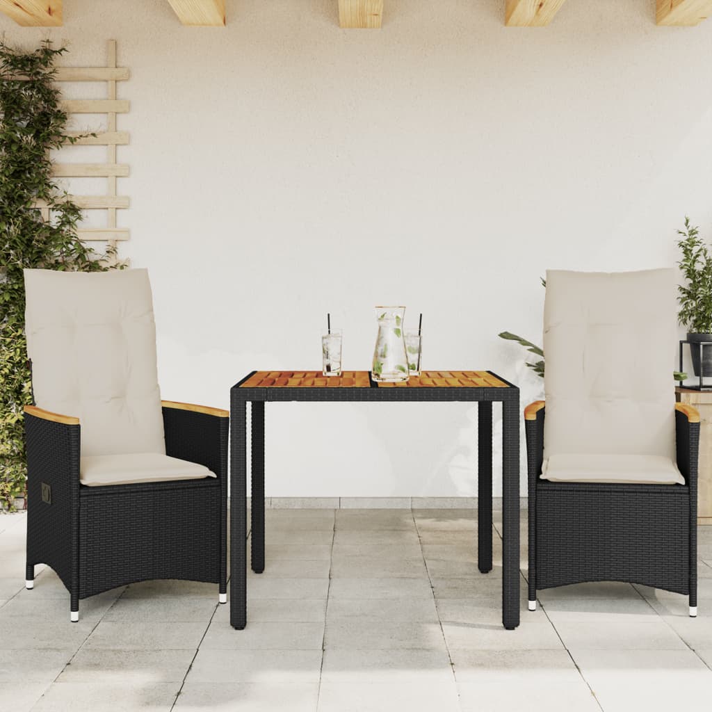 3-delige Bistroset met kussens poly rattan zwart – afbeelding 1