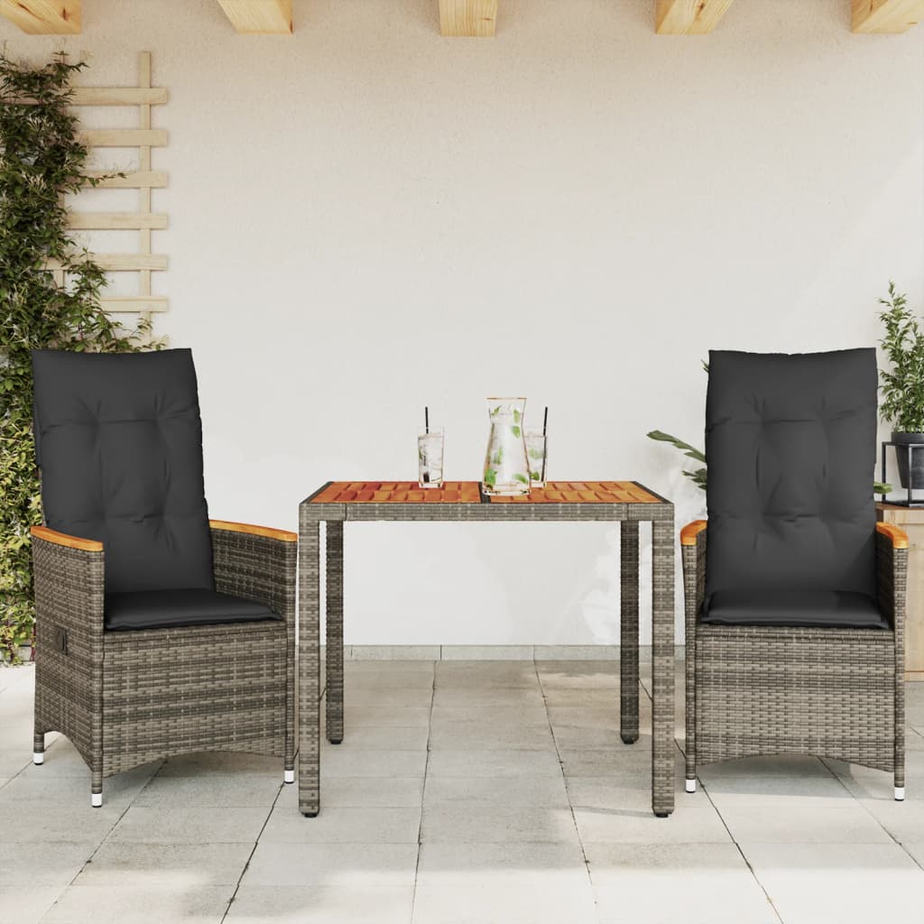 3-delige Bistroset met kussens poly rattan grijs – afbeelding 1