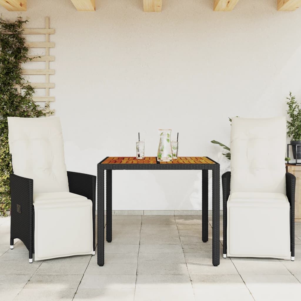3-delige Bistroset met kussens poly rattan zwart – afbeelding 1