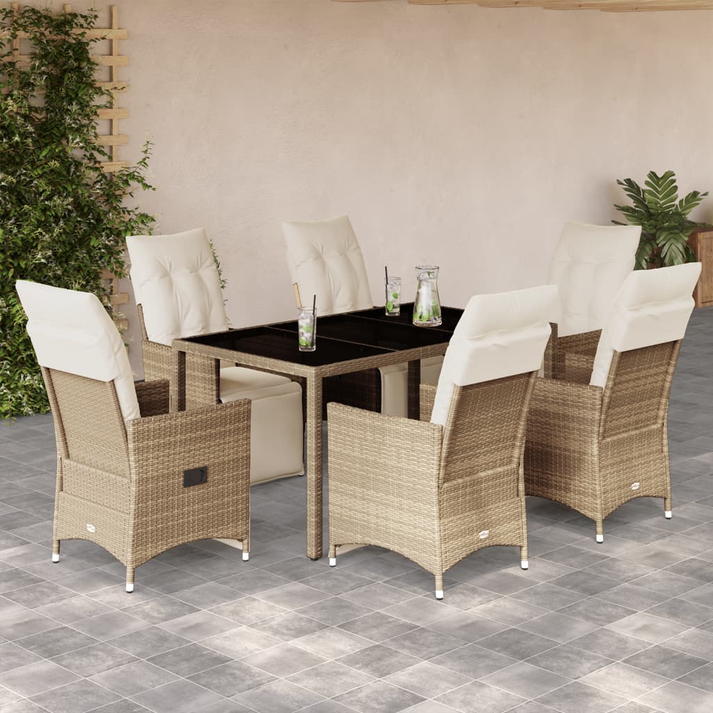7-delige Bistroset met kussens poly rattan beige – afbeelding 1