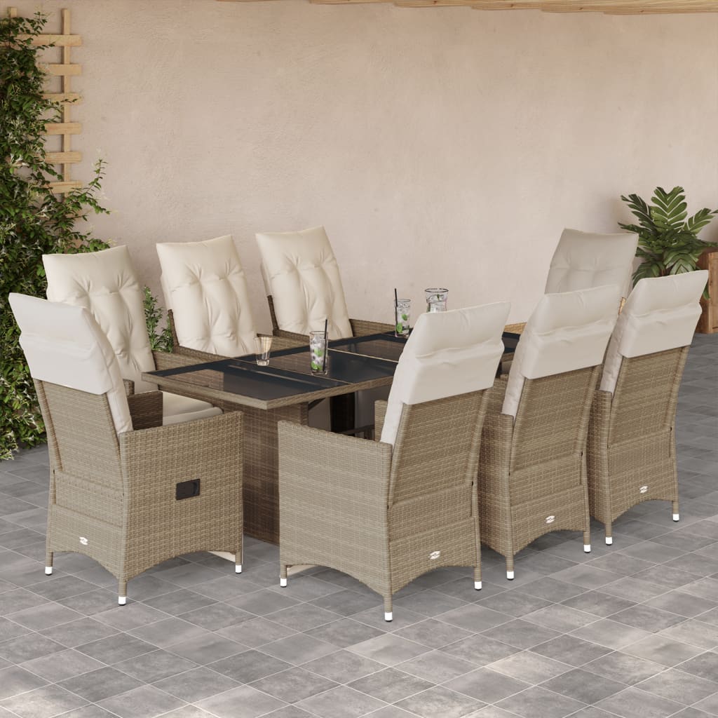 9-delige Bistroset met kussens poly rattan beige – afbeelding 1