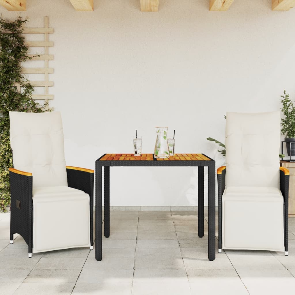 3-delige Bistroset met kussens poly rattan zwart – afbeelding 1