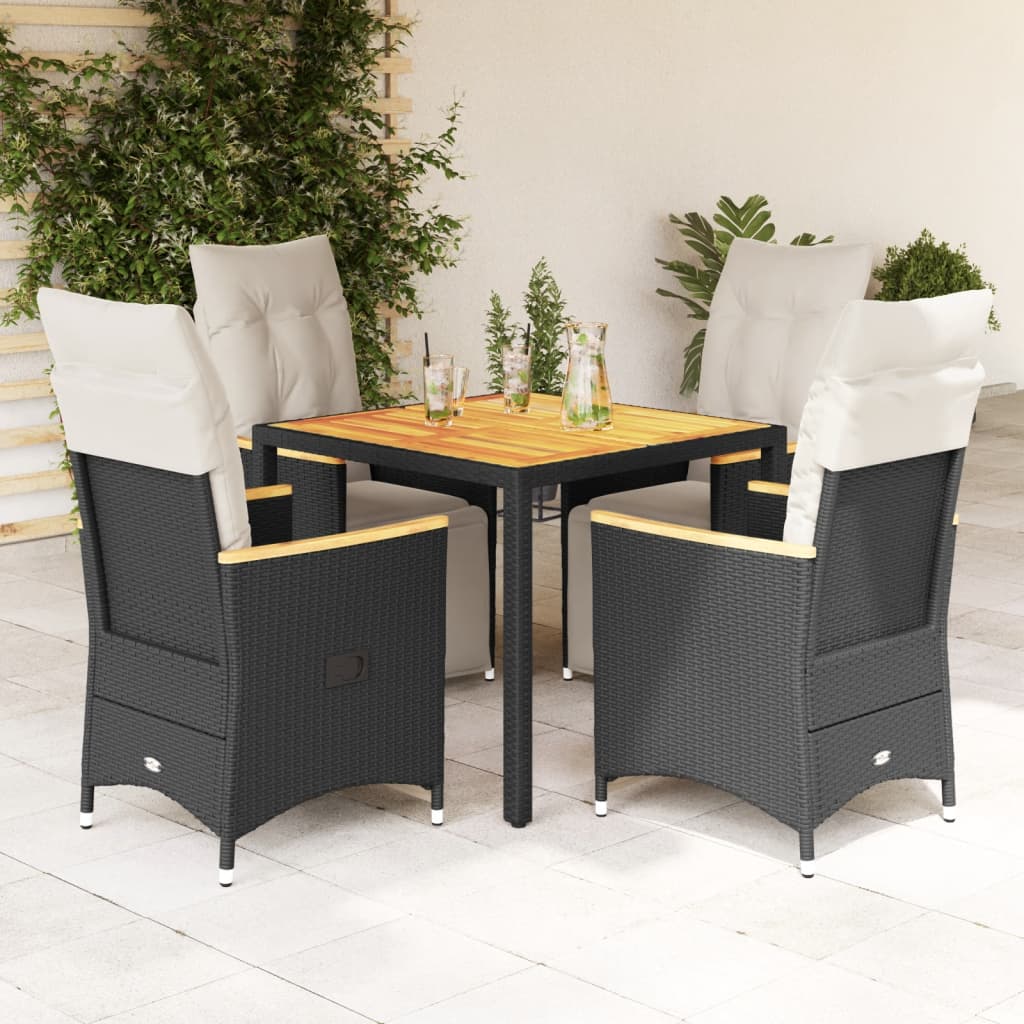 5-delige Bistroset met kussens poly rattan zwart – afbeelding 1