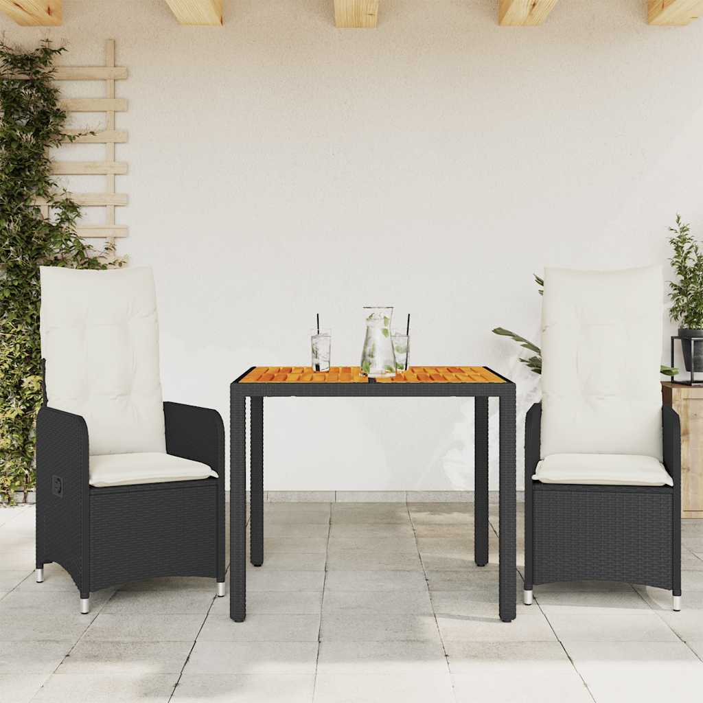 3-delige Bistroset met kussens poly rattan zwart – afbeelding 1