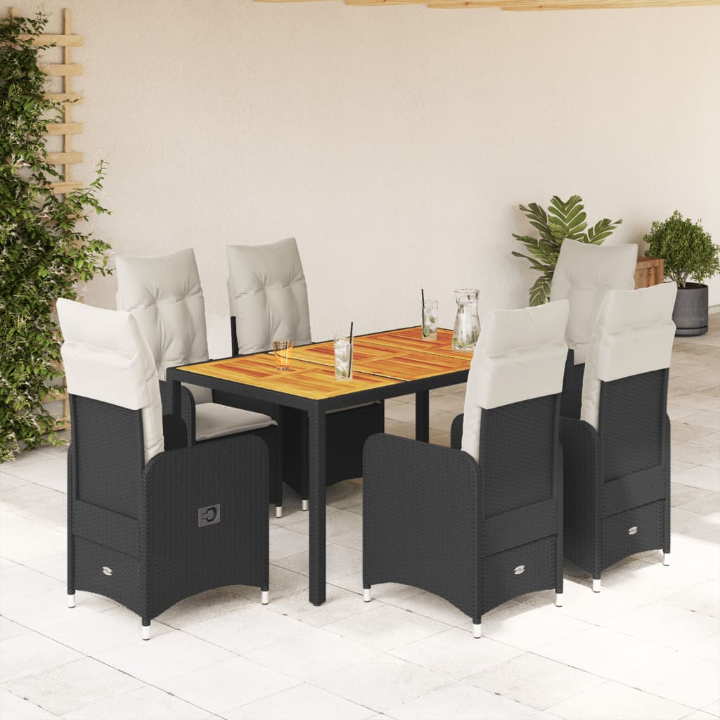 7-delige Bistroset met kussens poly rattan zwart – afbeelding 1