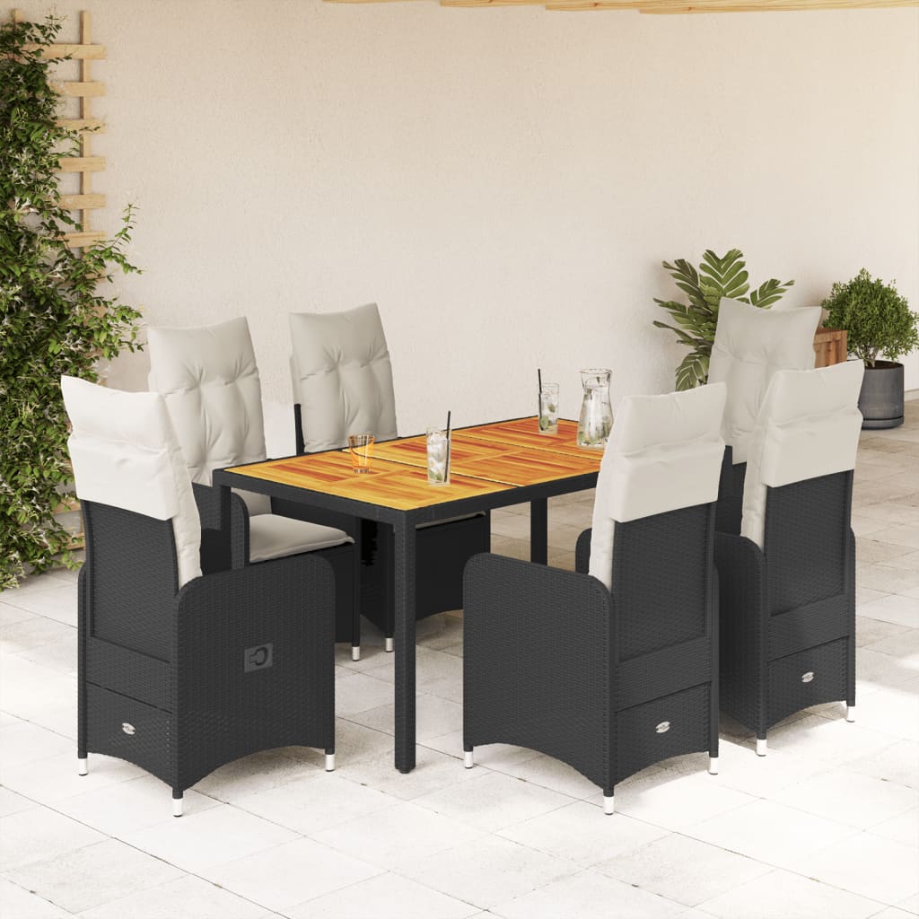 7-delige Bistroset met kussens poly rattan zwart – afbeelding 1
