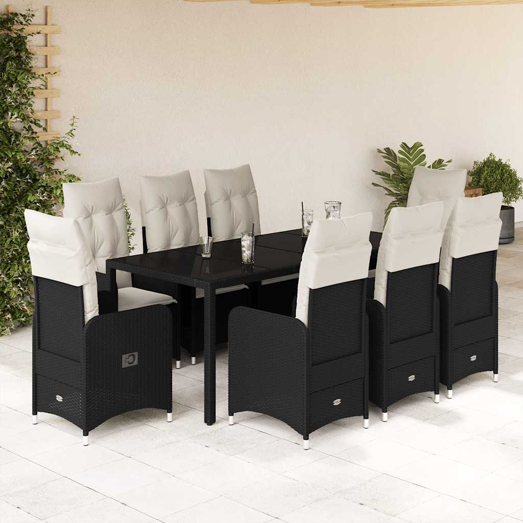9-delige Bistroset met kussens poly rattan zwart – afbeelding 1