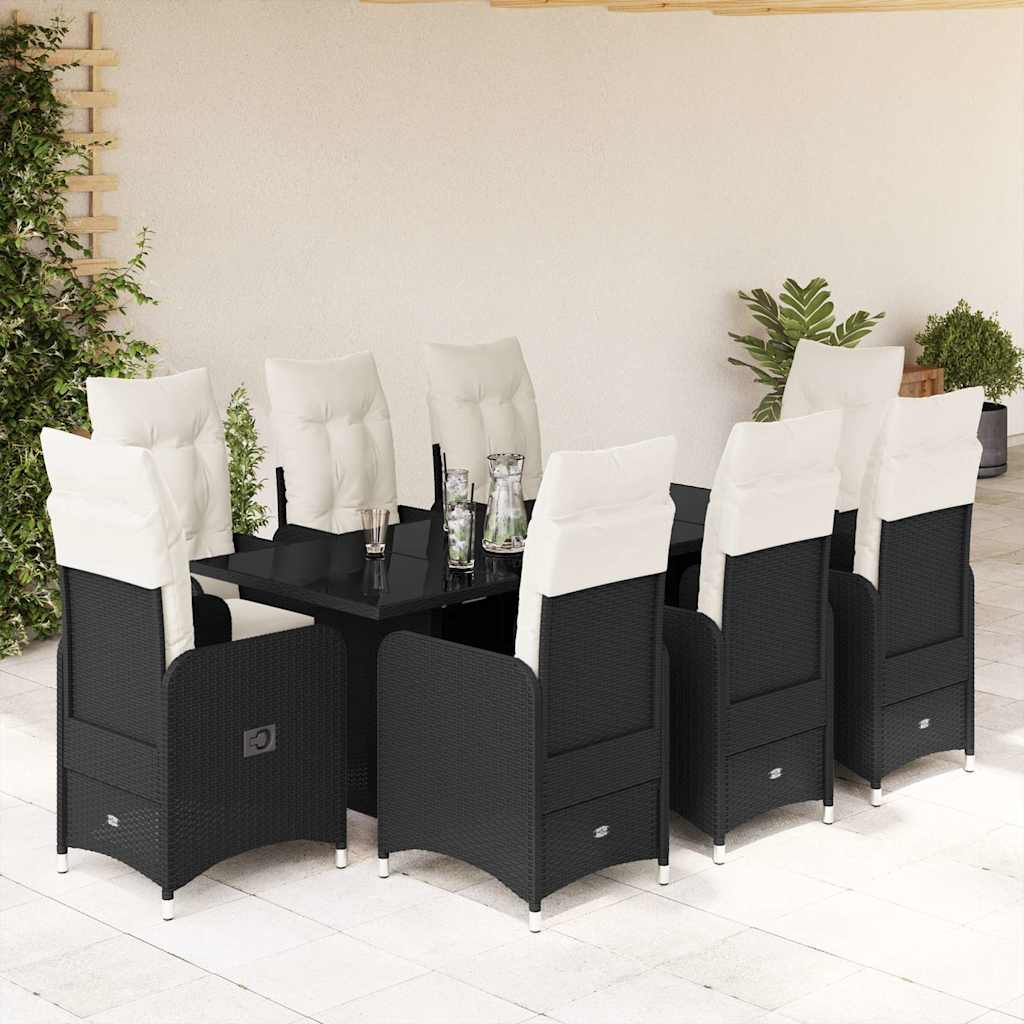 9-delige Bistroset met kussens poly rattan zwart – afbeelding 1