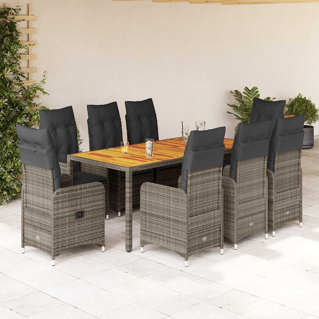 9-delige Bistroset met kussens poly rattan grijs – afbeelding 1