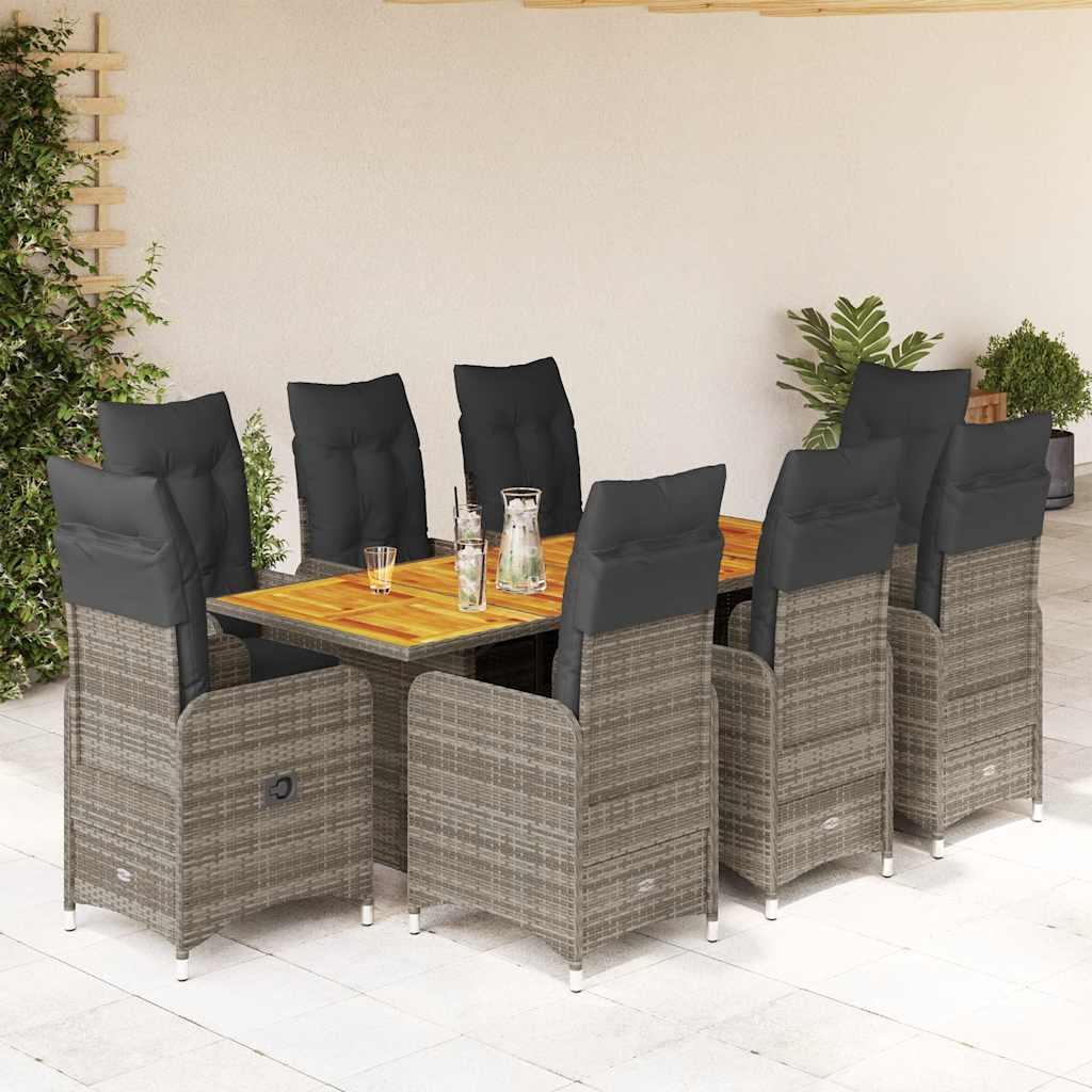 9-delige Bistroset met kussens poly rattan grijs – afbeelding 1