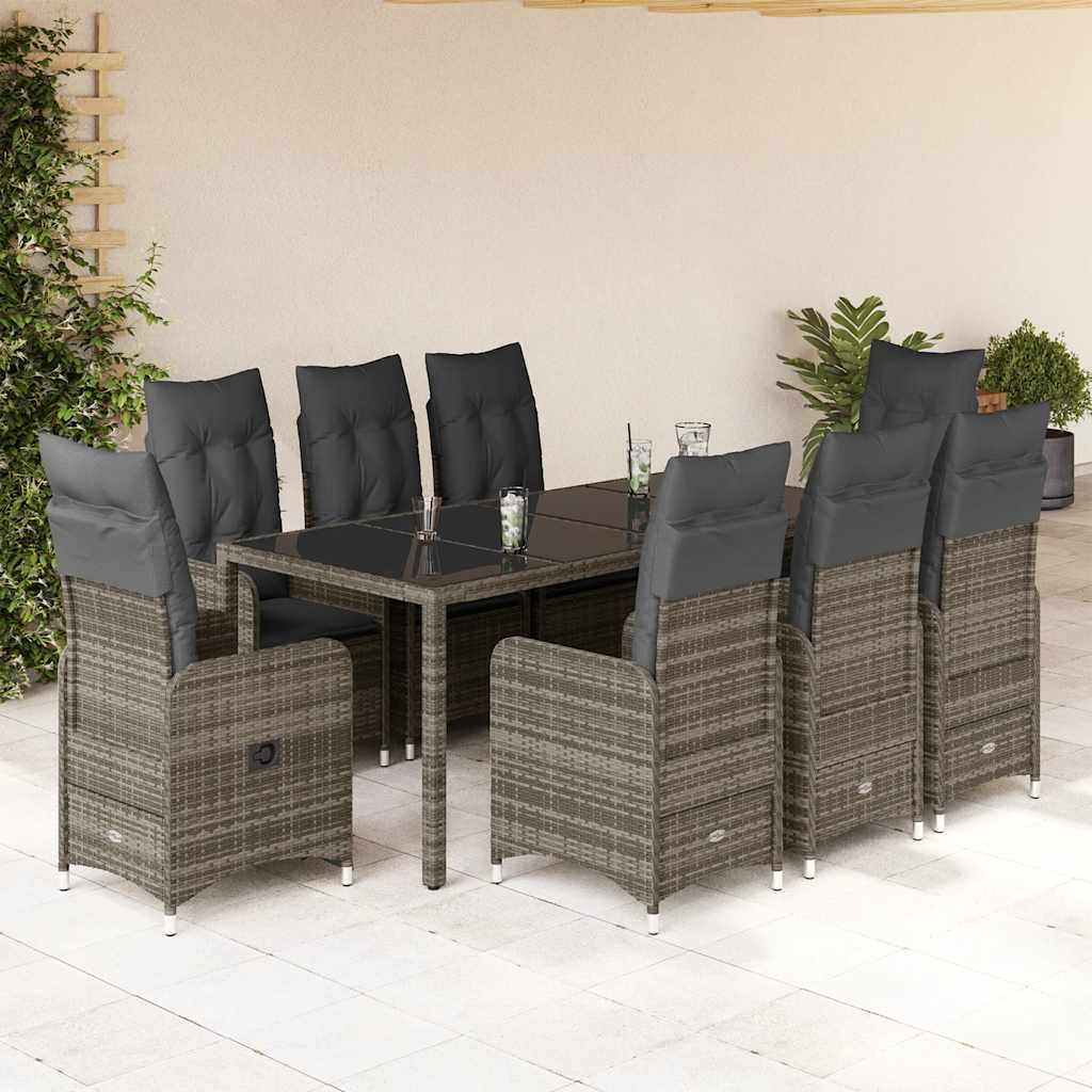 9-delige Bistroset met kussens poly rattan grijs – afbeelding 1