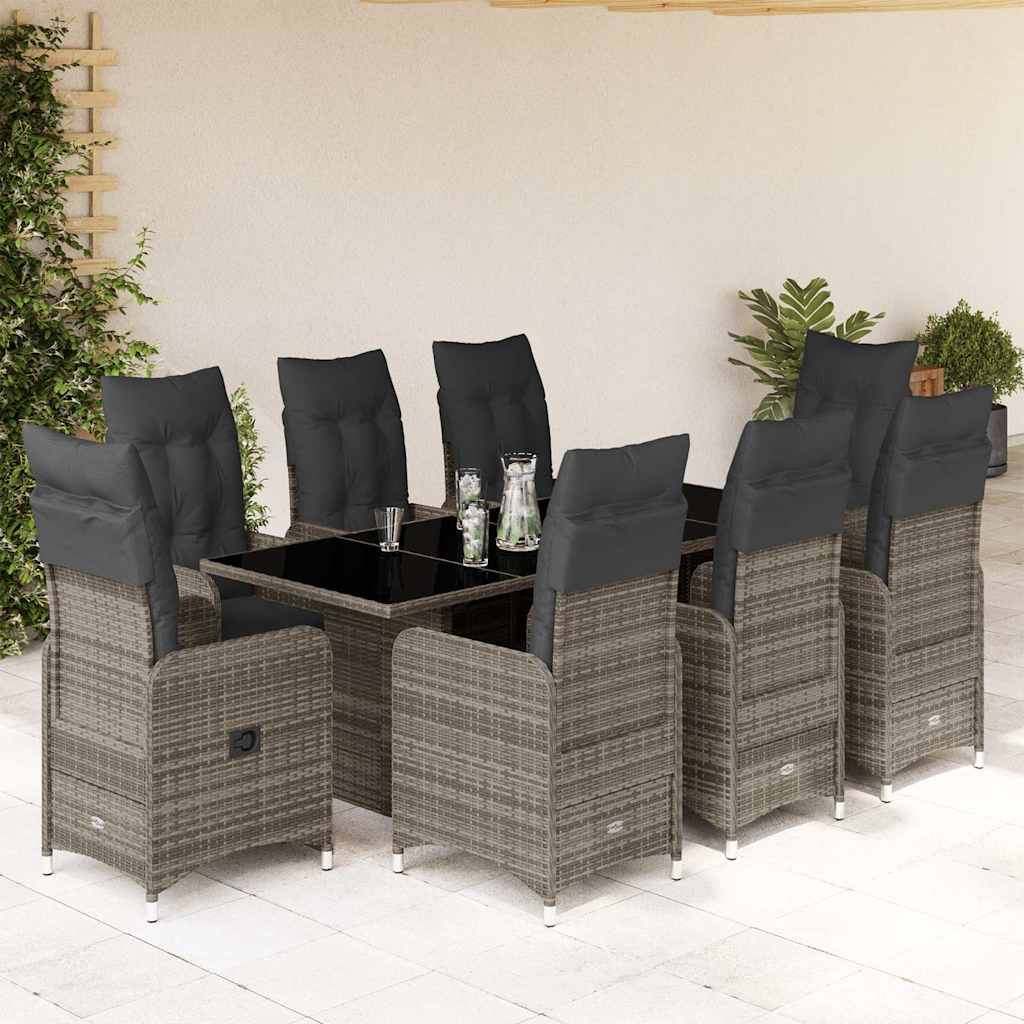 9-delige Bistroset met kussens poly rattan grijs – afbeelding 1