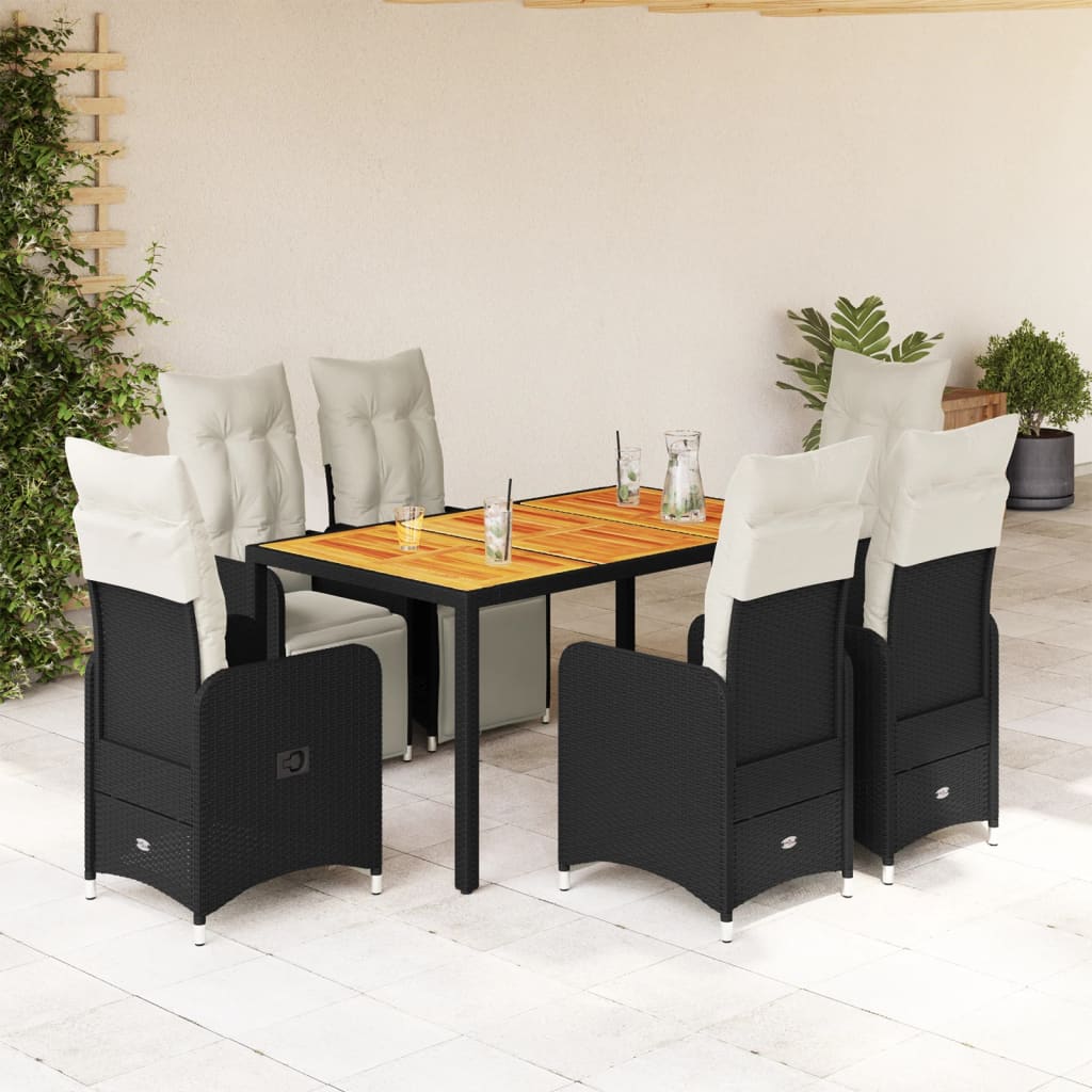 7-delige Bistroset met kussens poly rattan zwart