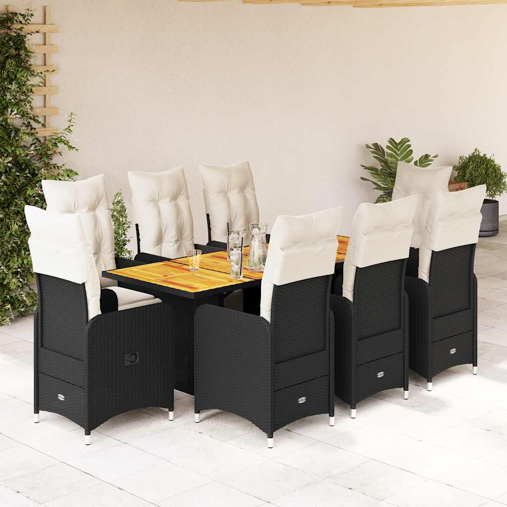 9-delige Bistroset met kussens poly rattan zwart – afbeelding 1