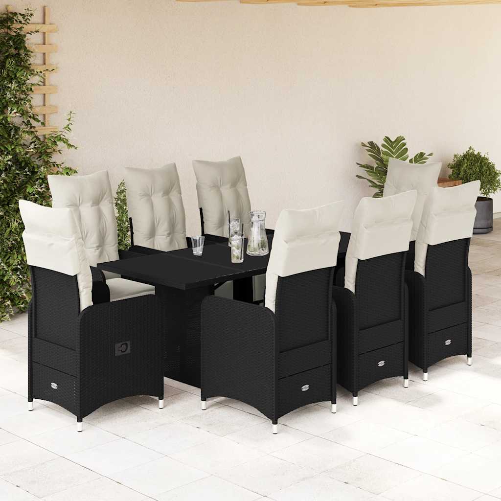 9-delige Bistroset met kussens poly rattan zwart – afbeelding 1