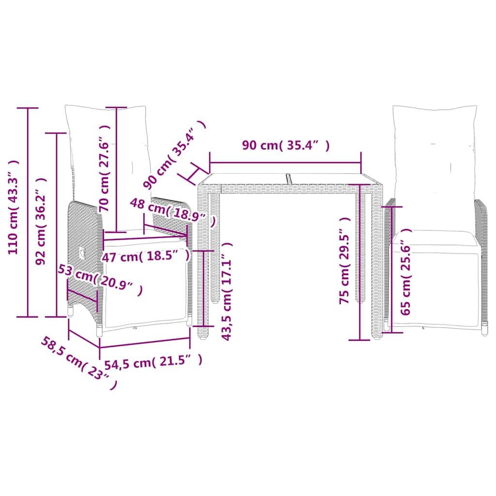 3-delige Bistroset met kussens poly rattan grijs – afbeelding 7