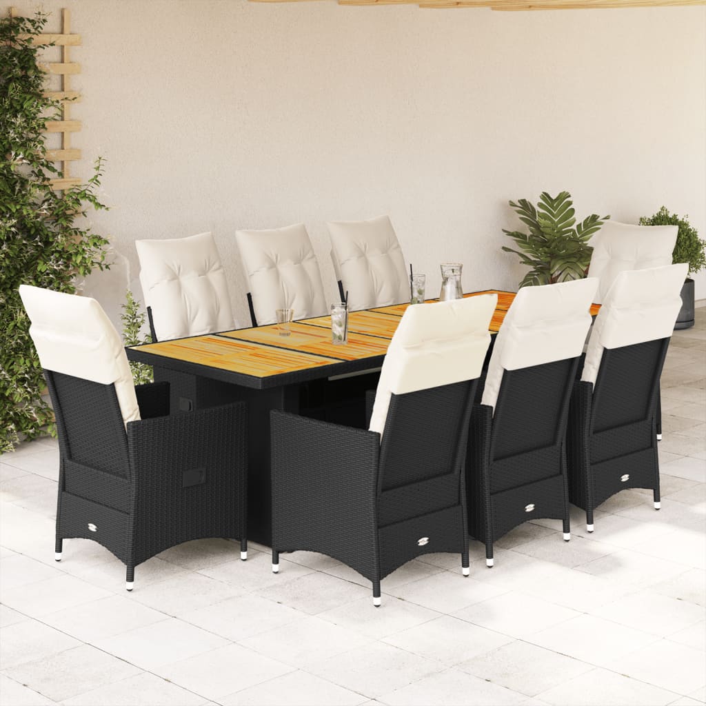 9-delige Bistroset met kussens poly rattan zwart – afbeelding 1