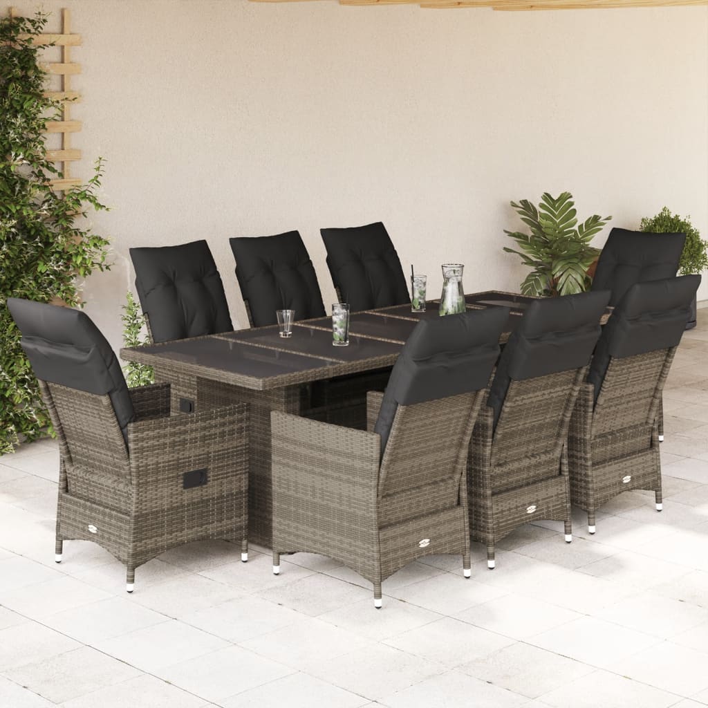 9-delige Bistroset met kussens poly rattan grijs – afbeelding 1