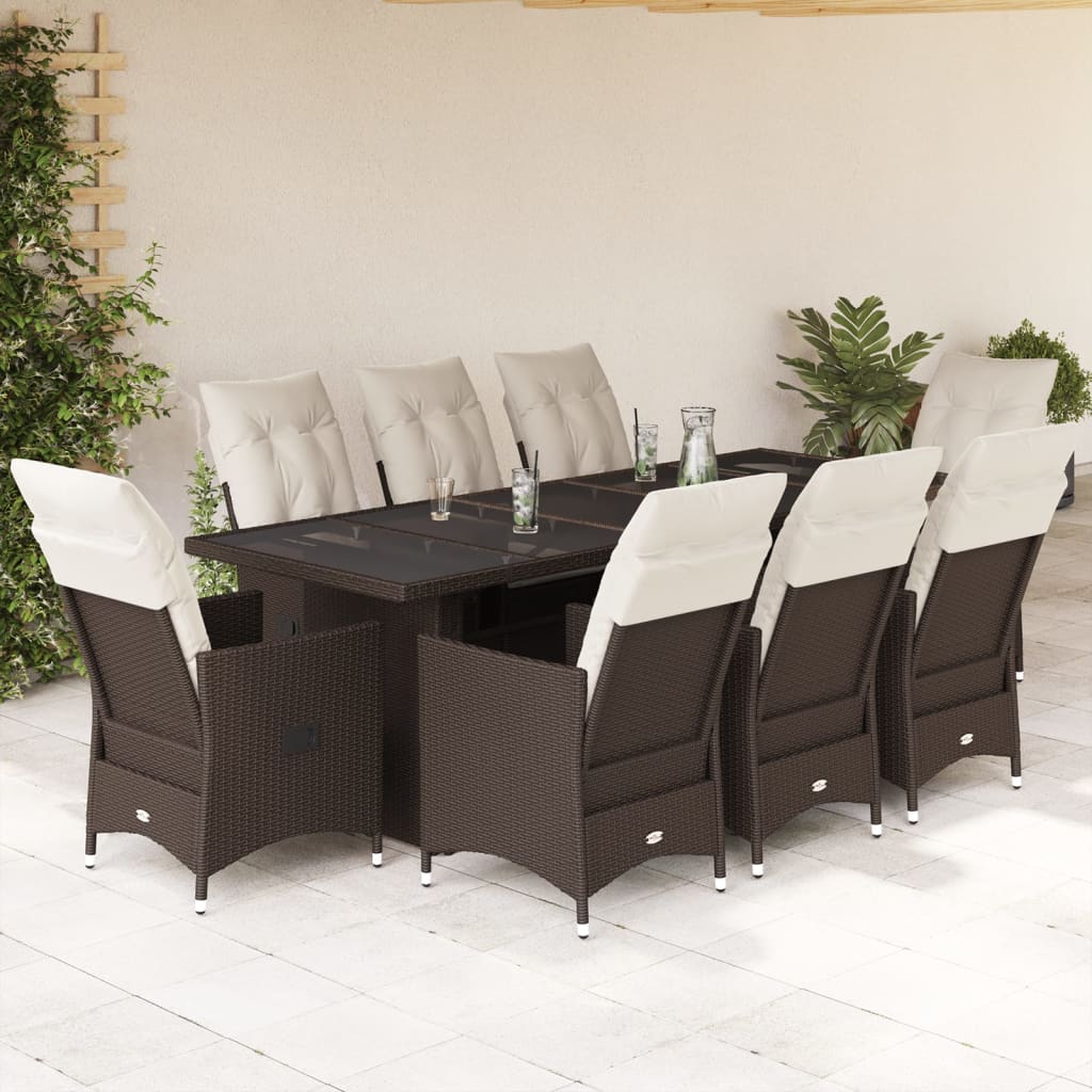 9-delige Bistroset met kussens poly rattan bruin – afbeelding 1