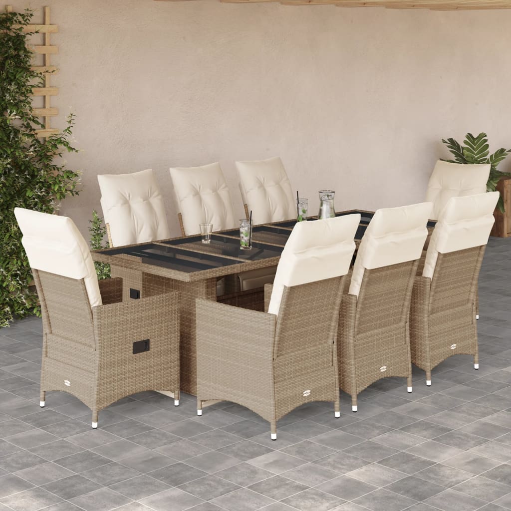 9-delige Bistroset met kussens poly rattan beige – afbeelding 1