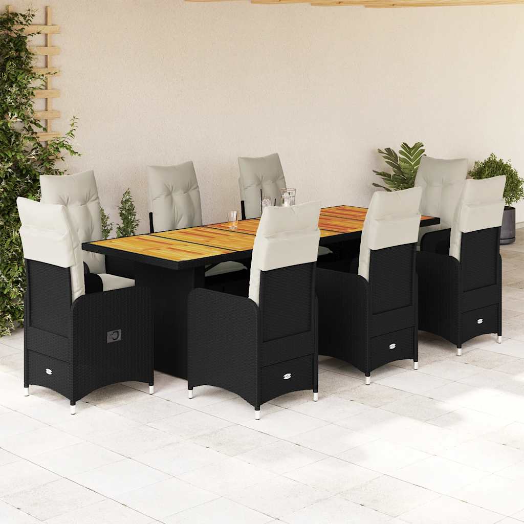 9-delige Bistroset met kussens poly rattan zwart – afbeelding 1