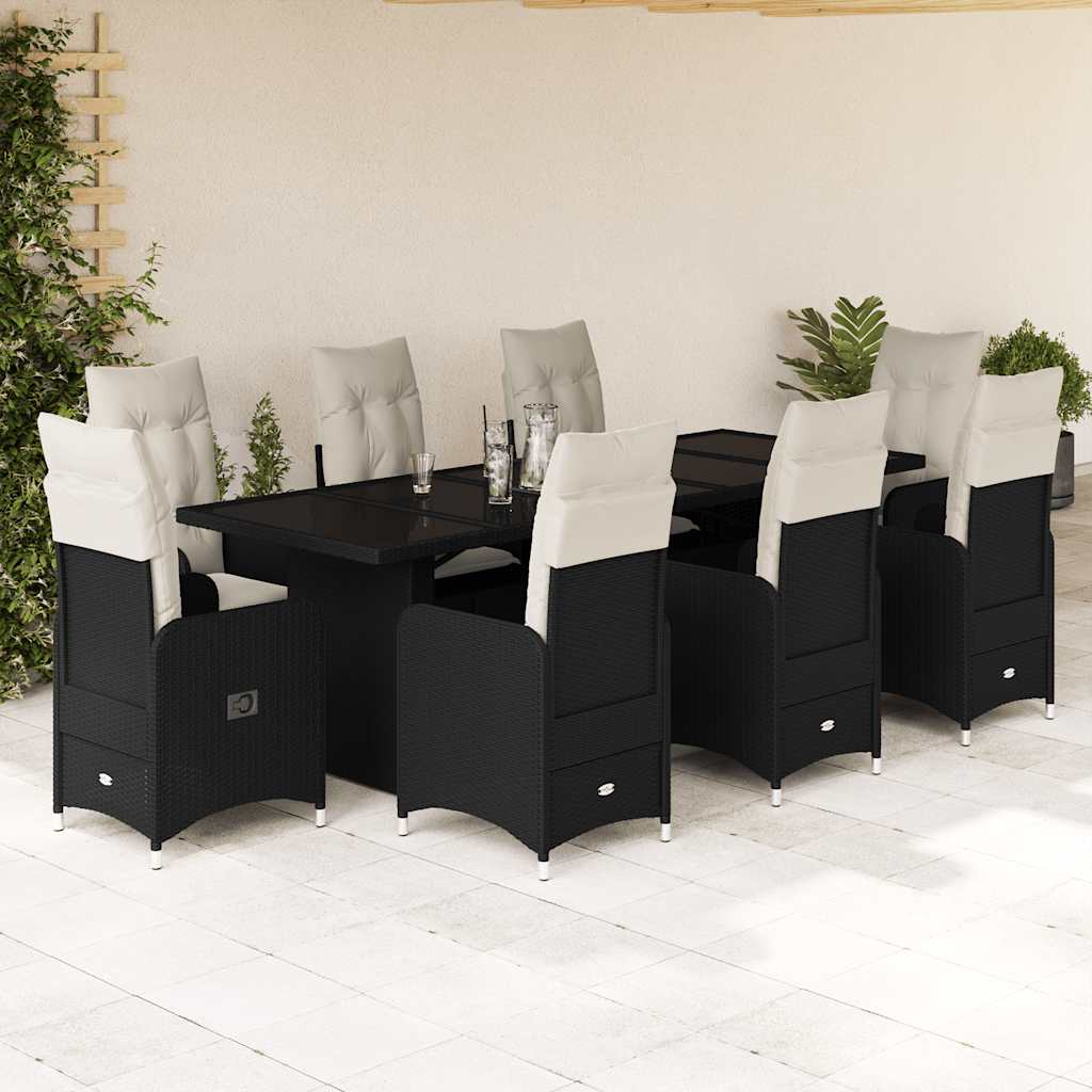 9-delige Bistroset met kussens poly rattan zwart – afbeelding 1