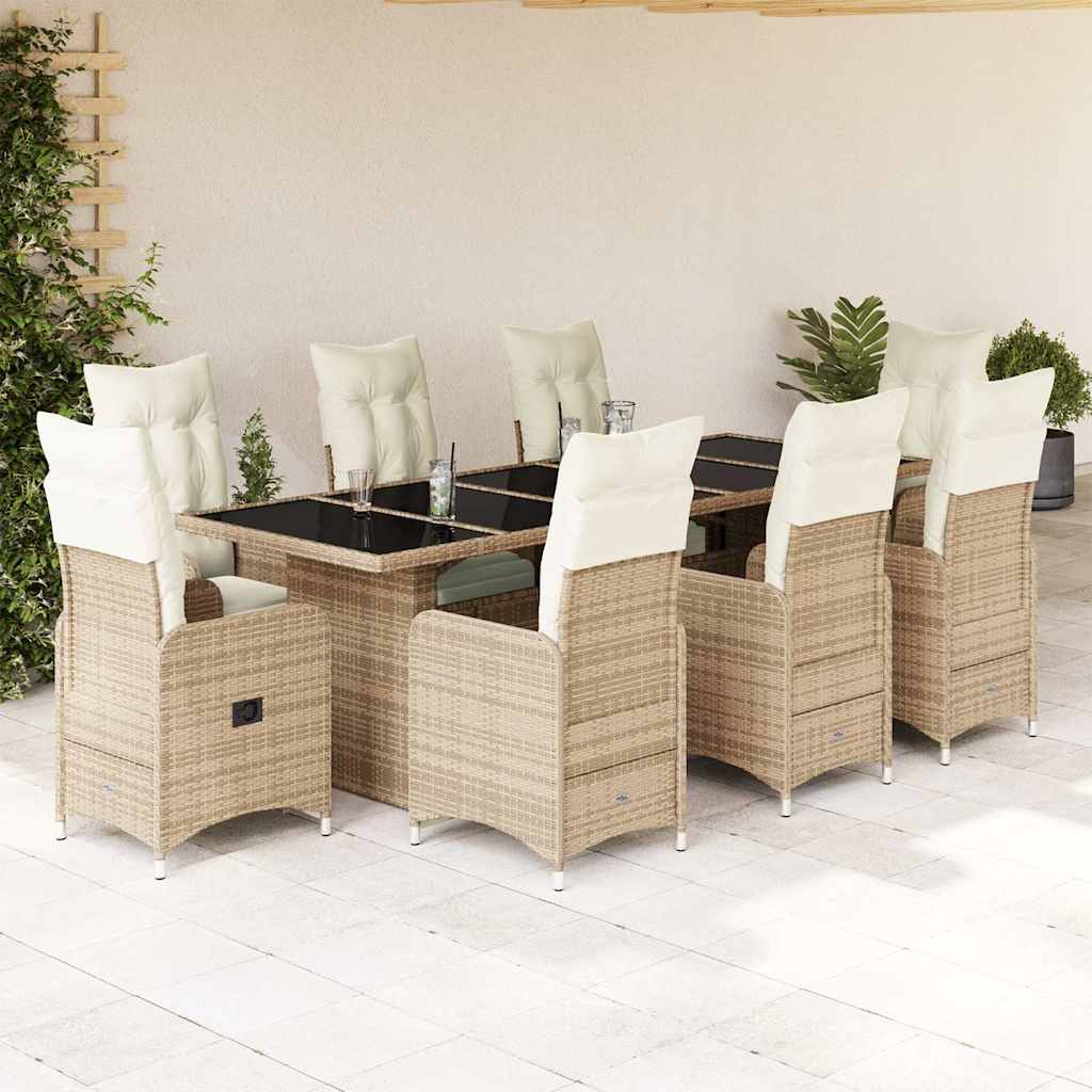 9-delige Bistroset met kussens poly rattan beige – afbeelding 1