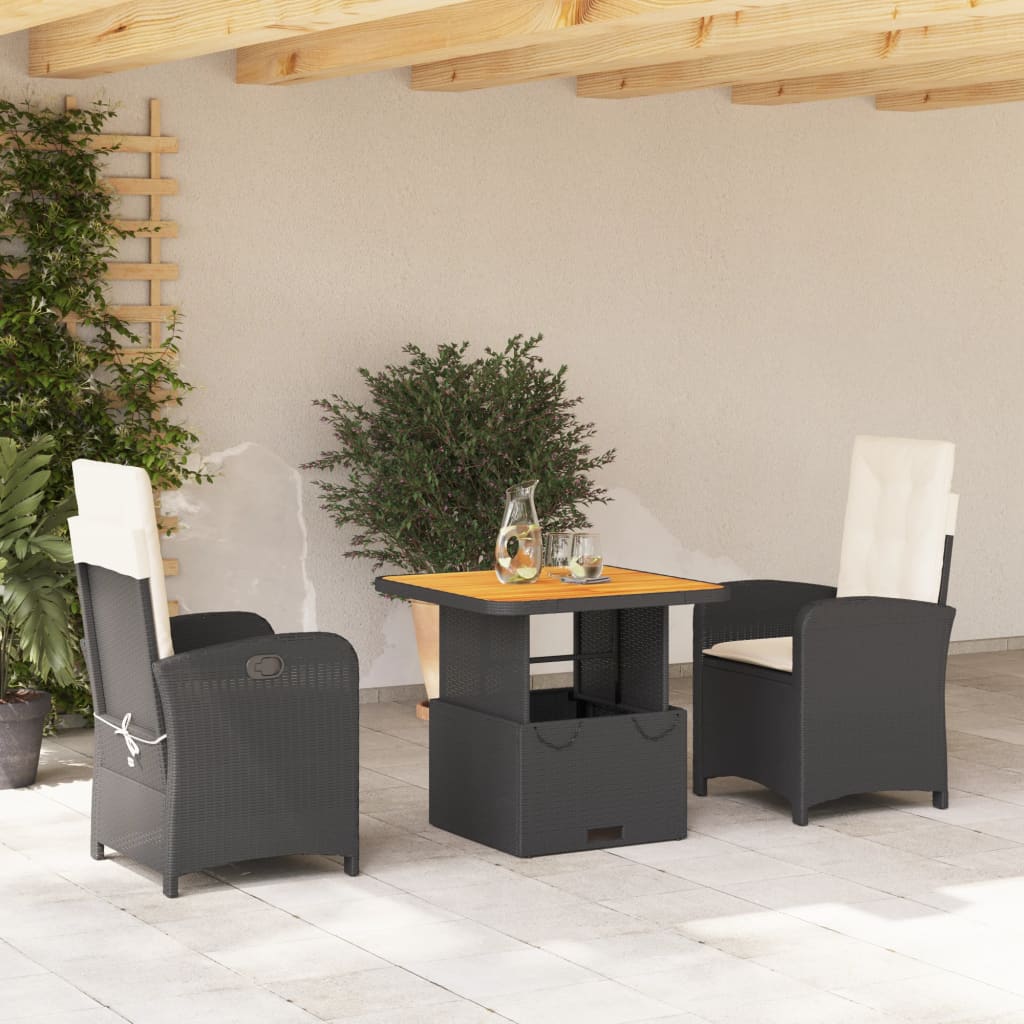 3-delige Tuinset met kussens poly rattan zwart – afbeelding 1