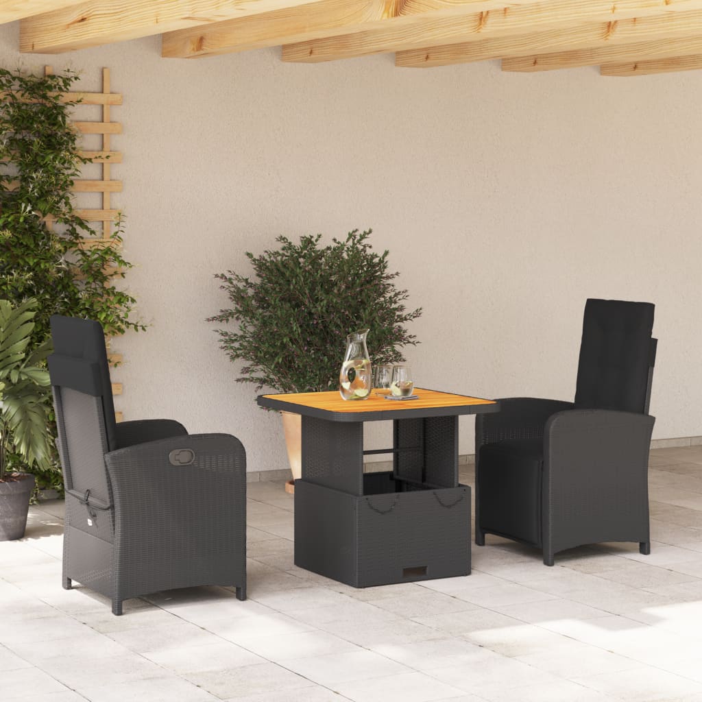 3-delige Tuinset met kussens poly rattan zwart – afbeelding 1