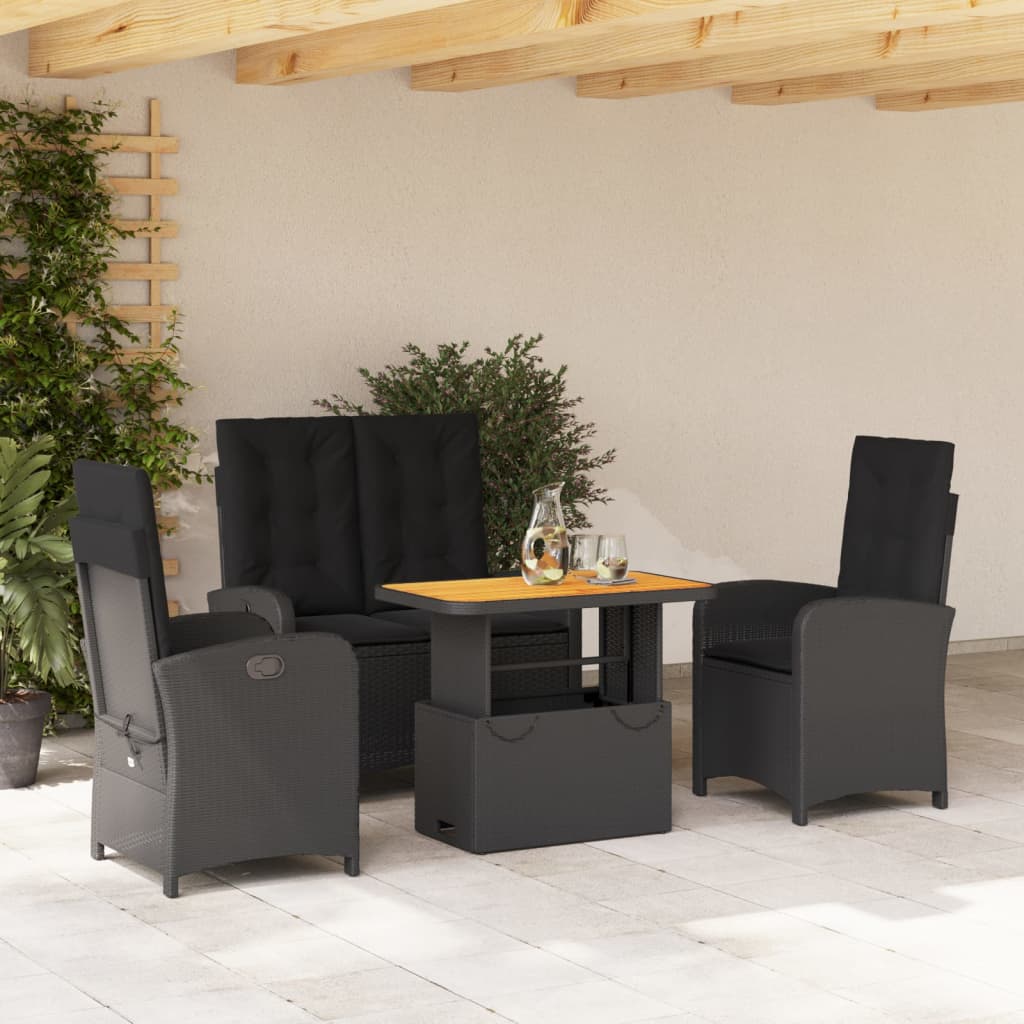 4-delige Tuinset met kussens poly rattan zwart – afbeelding 1