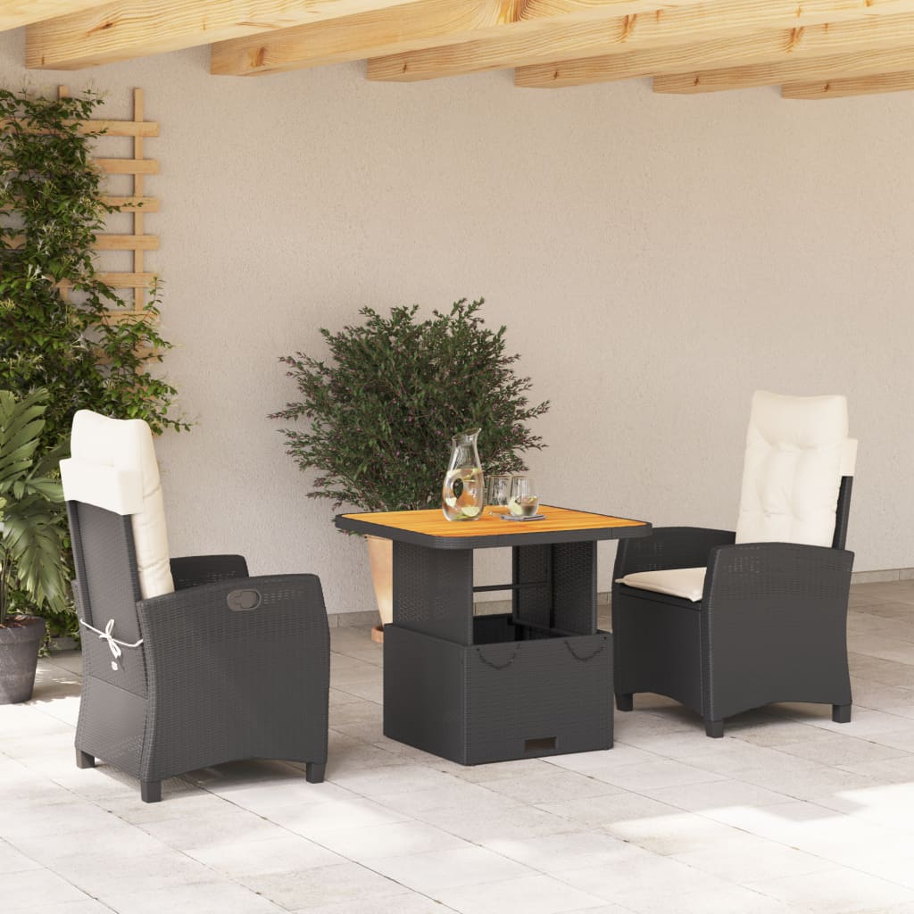 3-delige Tuinset met kussens poly rattan zwart – afbeelding 1