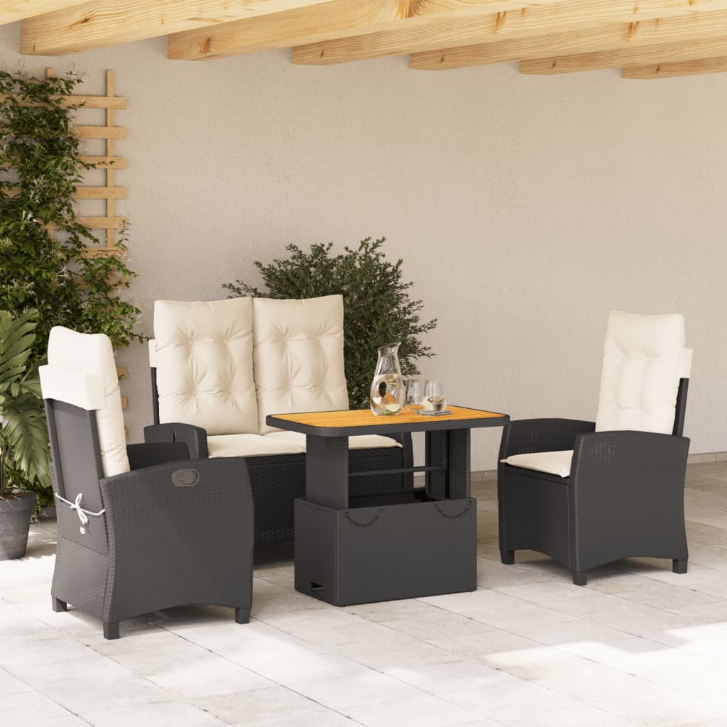 4-delige Tuinset met kussens poly rattan zwart – afbeelding 1