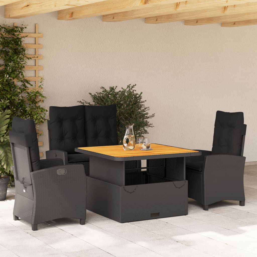4-delige Tuinset met kussens poly rattan zwart – afbeelding 1