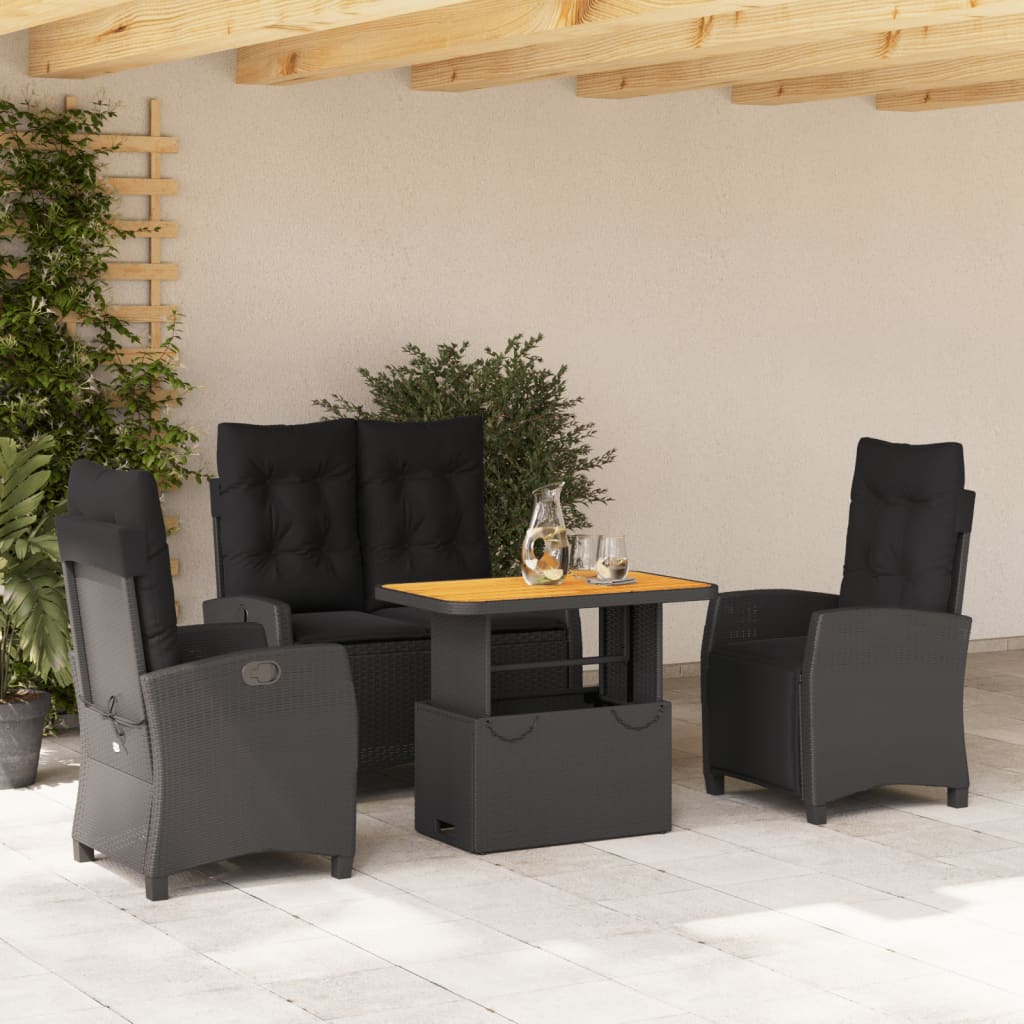 4-delige Tuinset met kussens poly rattan zwart – afbeelding 1