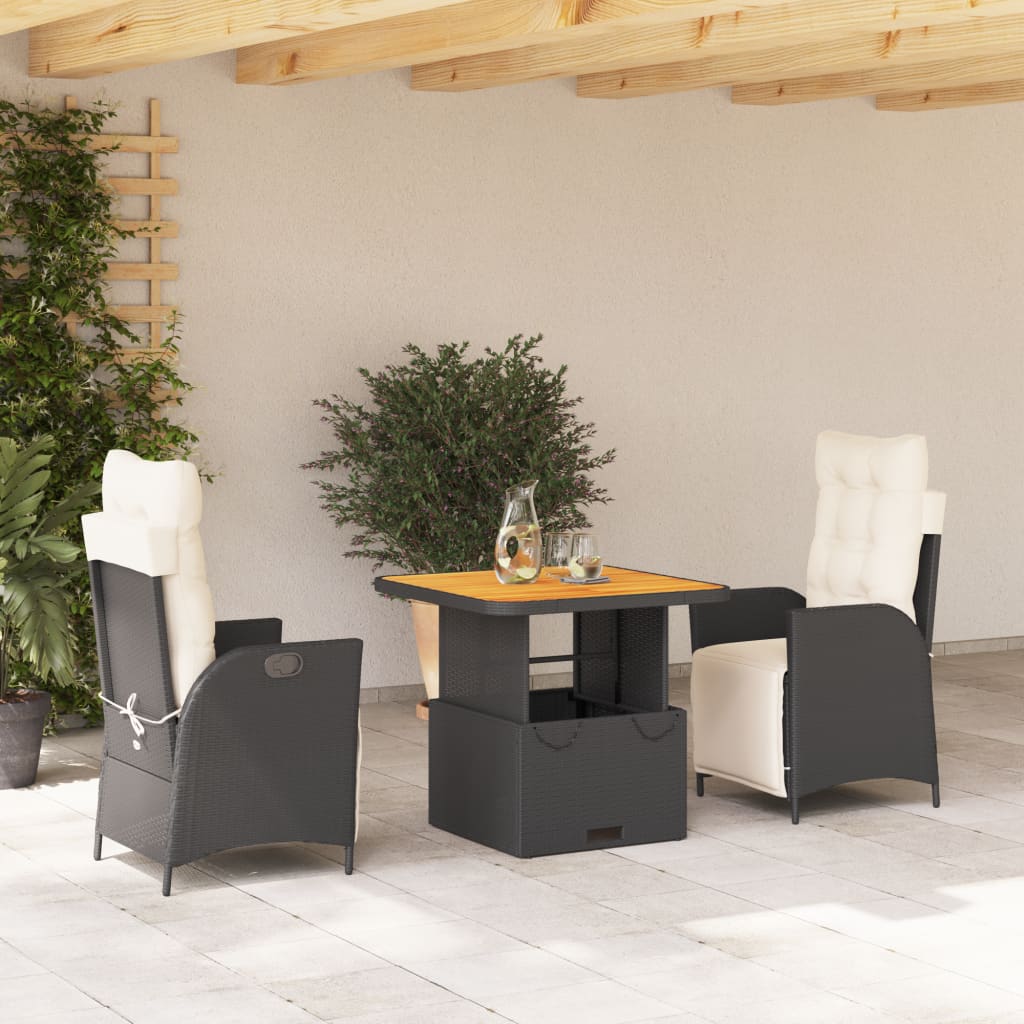 3-delige Tuinset met kussens poly rattan zwart – afbeelding 1