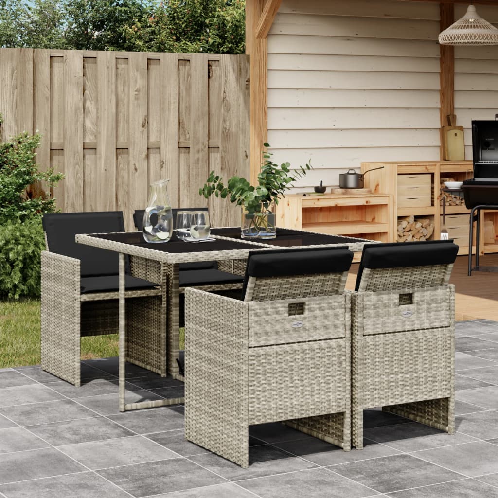5-delige Tuinset met kussens poly rattan lichtgrijs – afbeelding 1