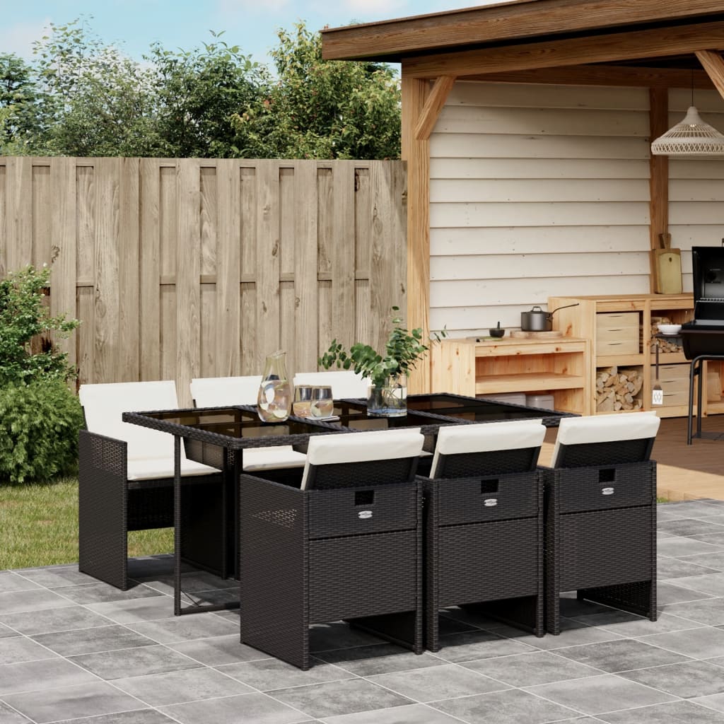 7-delige Tuinset met kussens poly rattan zwart – afbeelding 1